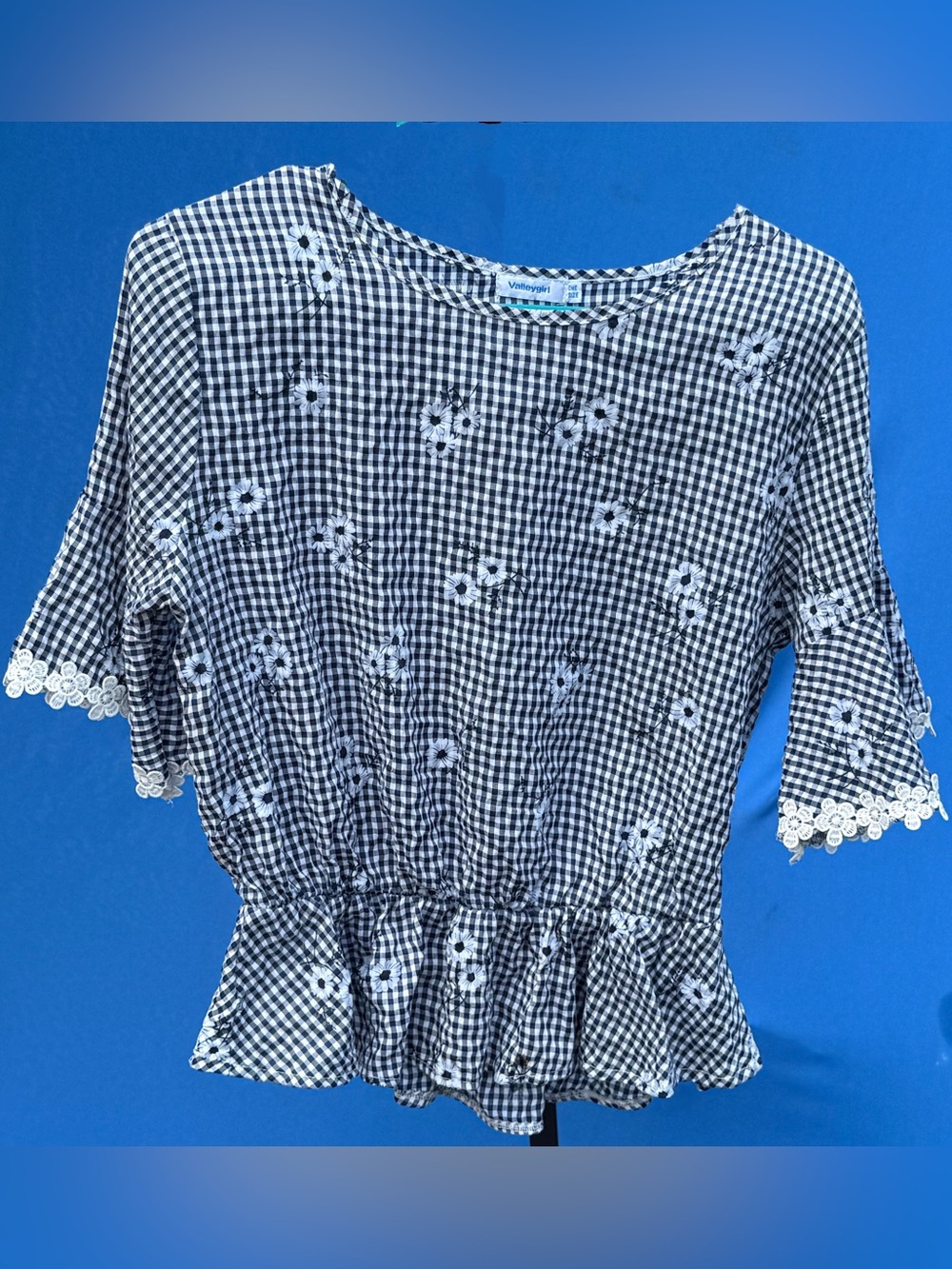Valleygirl Gingham Plaid Floral Lace Trim Peplum Top – One Size- Small/Medium